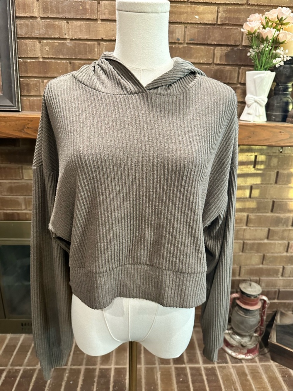 Alo Yoga Muse Cropped Ribbed Hoodie Long Sleeve Pullover Small S